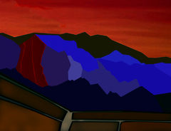 Landschaft mit Bergpanorama vor rotem Himmel