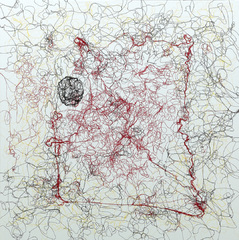 Faden-Collage: schwarzer Punkt verschiebt das Zentrum nach im links oben